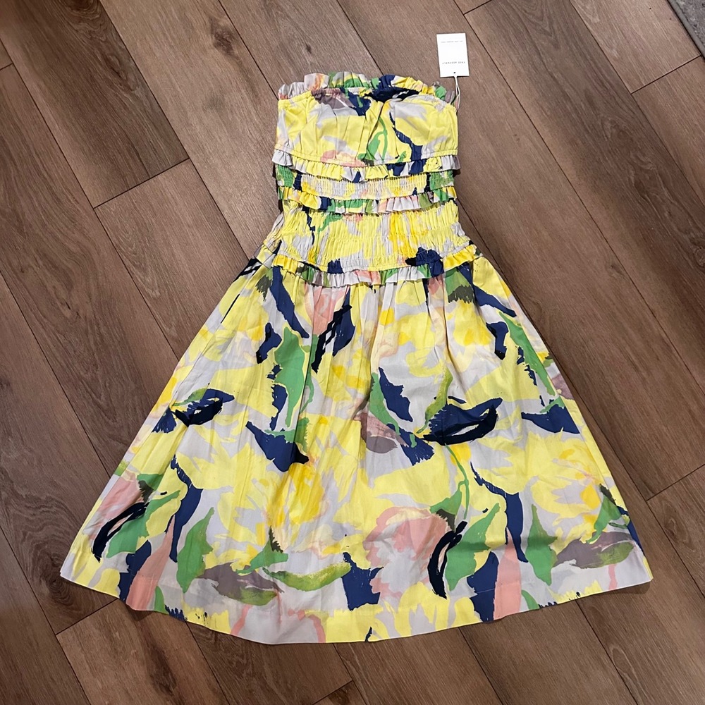 Free Assembly Womens XS Strapless Smocked Floral Ruffle Midi Dress Yellow Multi